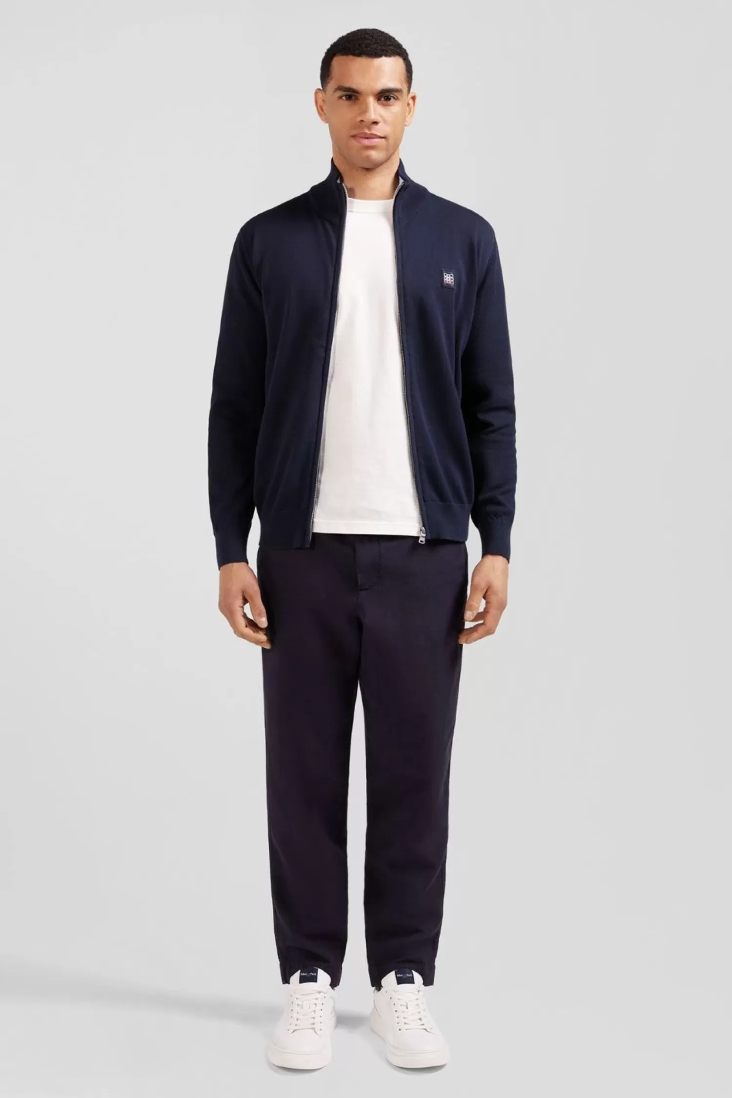 Eden Park Cardigan Zippe Marine En Coton Embleme Tricolore-Homme Cardigans