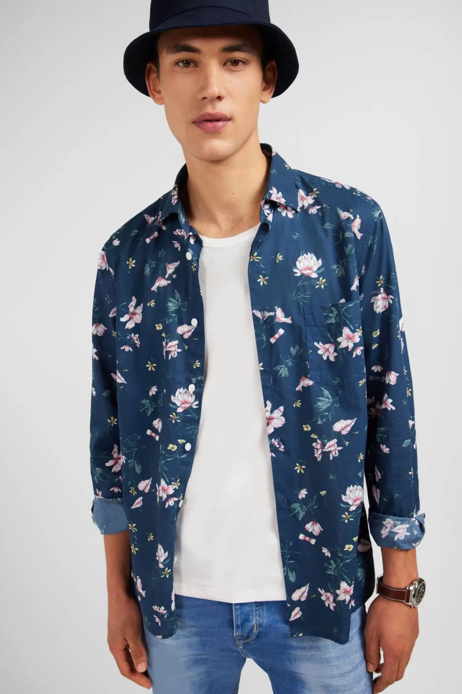 Eden Park Chemise En Coton Bleu Fonce Imprimee Fleurs-Homme Chemises