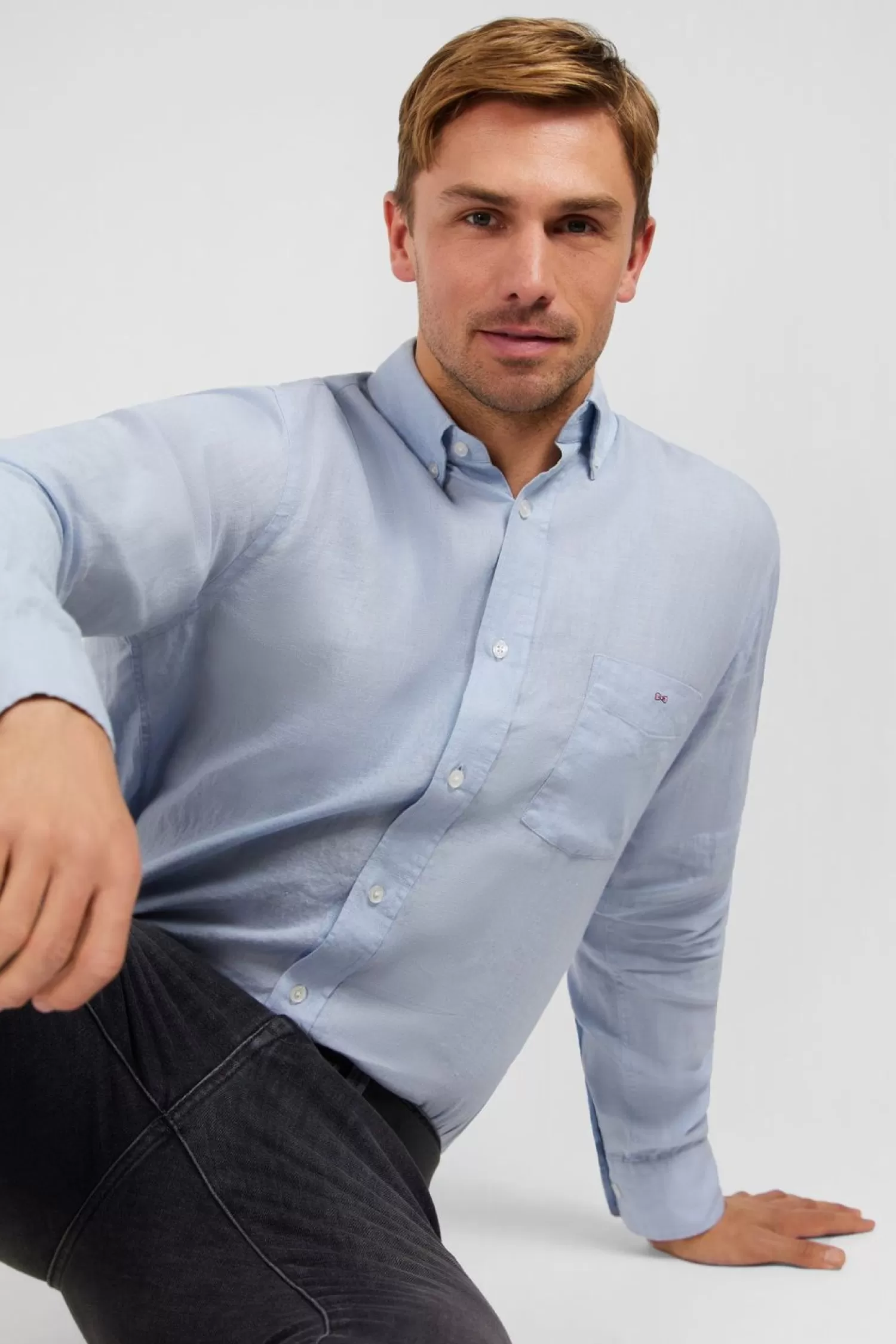 Eden Park Chemise Unie Bleu Clair En Lin-Homme Chemises