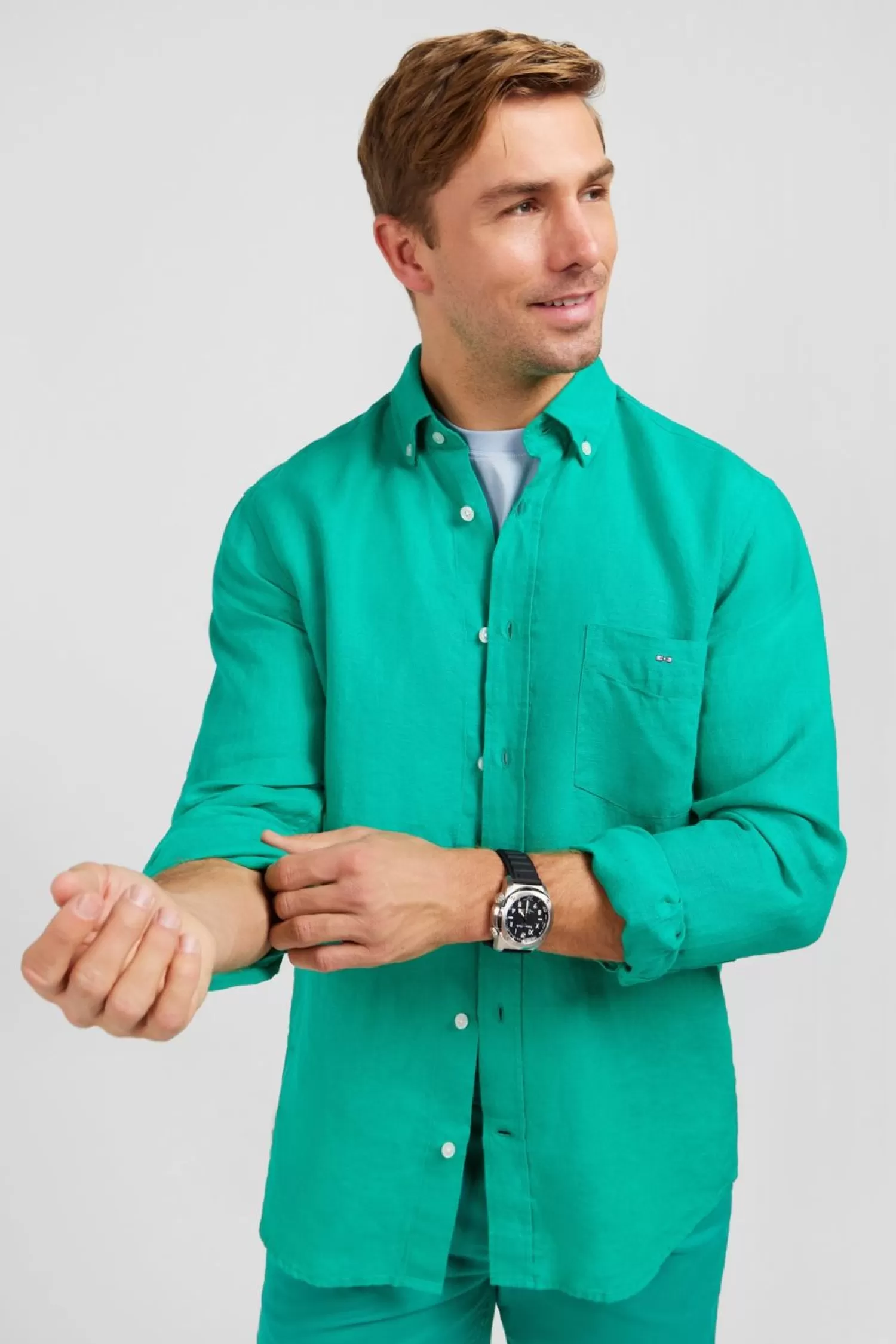 Eden Park Chemise Unie Verte En Lin-Homme Chemises