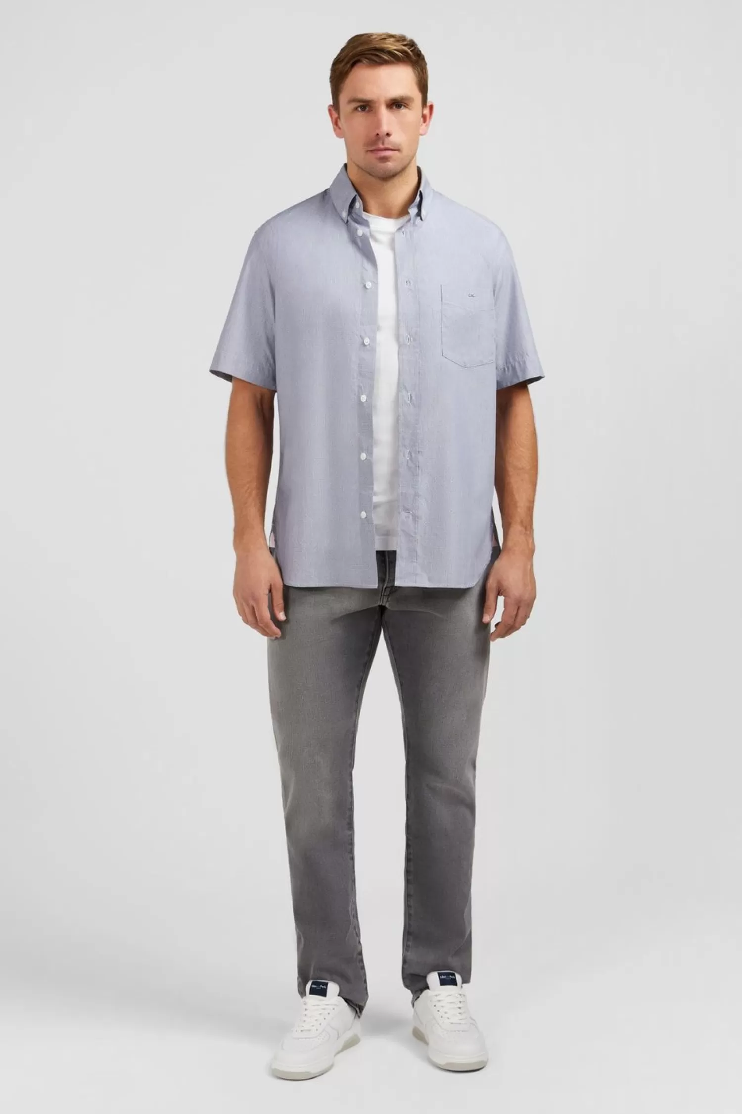 Eden Park Chemisette Bleue En Coton Dobby-Homme Chemisettes