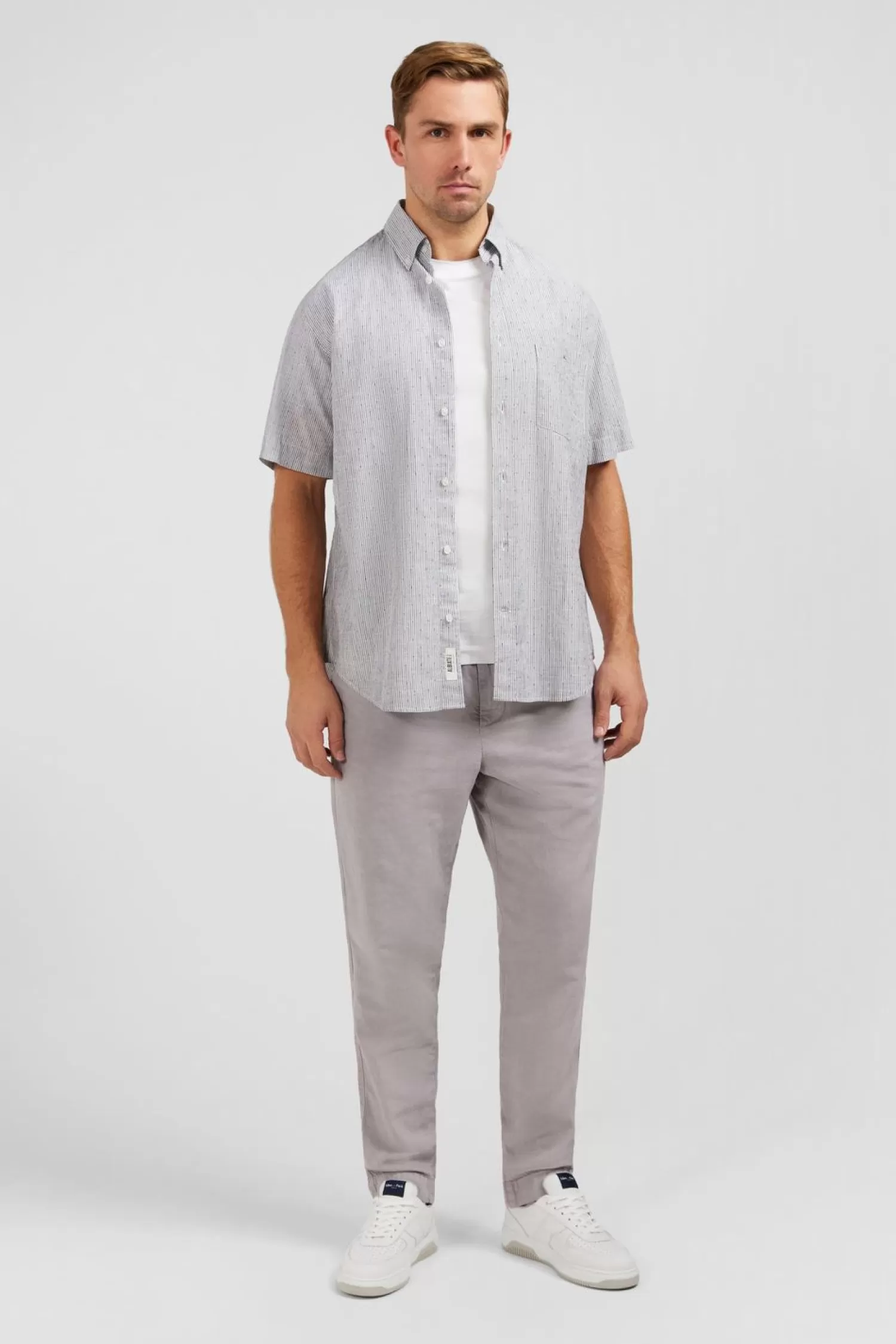 Eden Park Chemisette Rayee Bleu Fonce En Coton Dobby-Homme Chemisettes