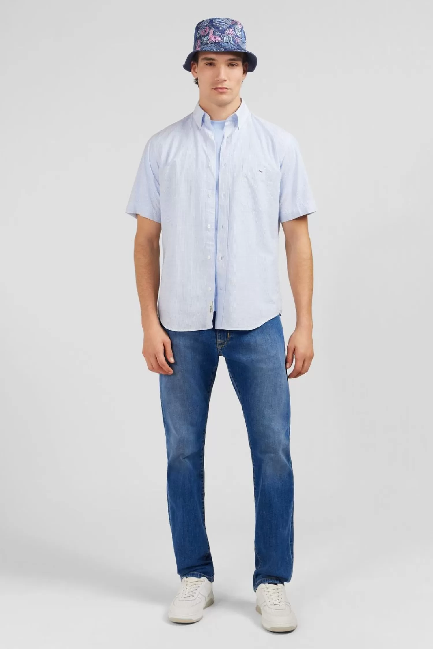 Eden Park Chemisette Rayee Bleue En Coton Dobby-Homme Chemisettes