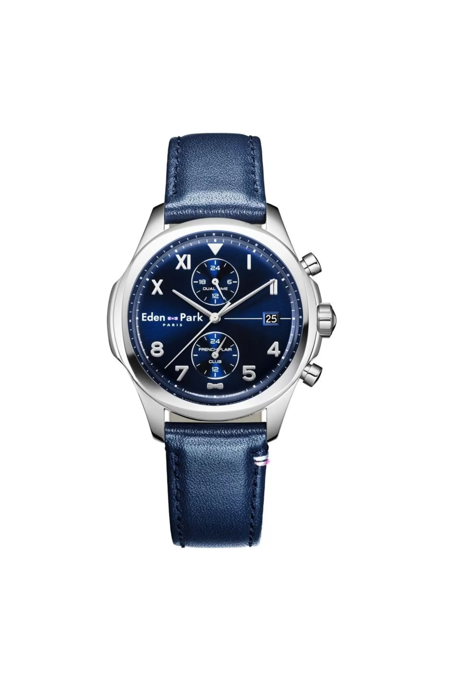 Eden Park Montre A Quartz Dual Time En Cuir Bleu Fonce-Homme Montre