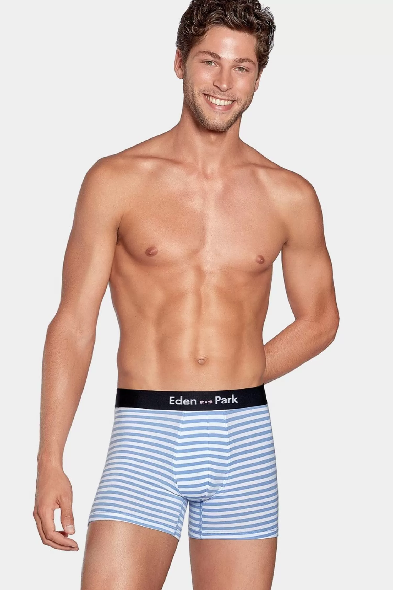Eden Park Pack De 2 Boxers Blanc Rayures Bleu Ciel Et Uni Bleu Fonce-Homme Sous-Vêtements