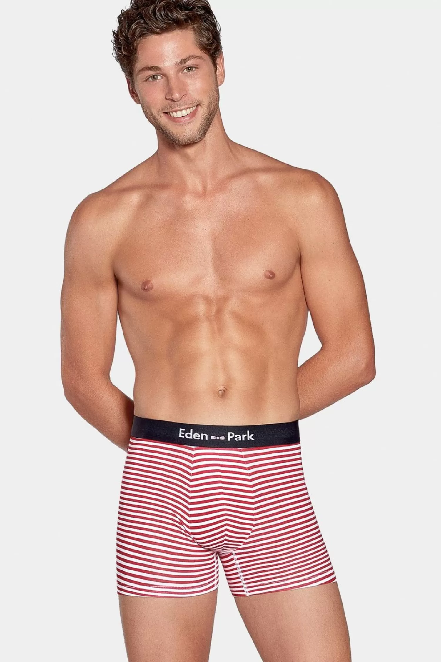 Eden Park Pack De 2 Boxers Blanc Rayures Rouge Et Uni Bleu Fonce-Homme Sous-Vêtements