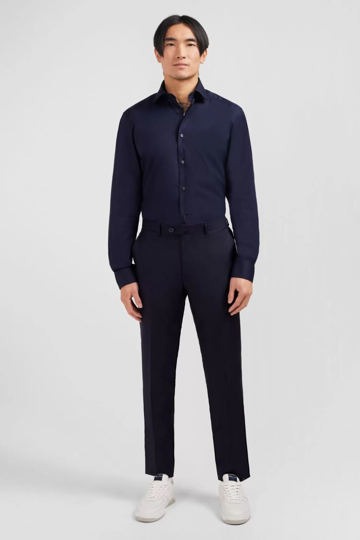 Eden Park Pantalon Regular Bleu Fonce En Laine A Plis Casses-Homme Pantalons