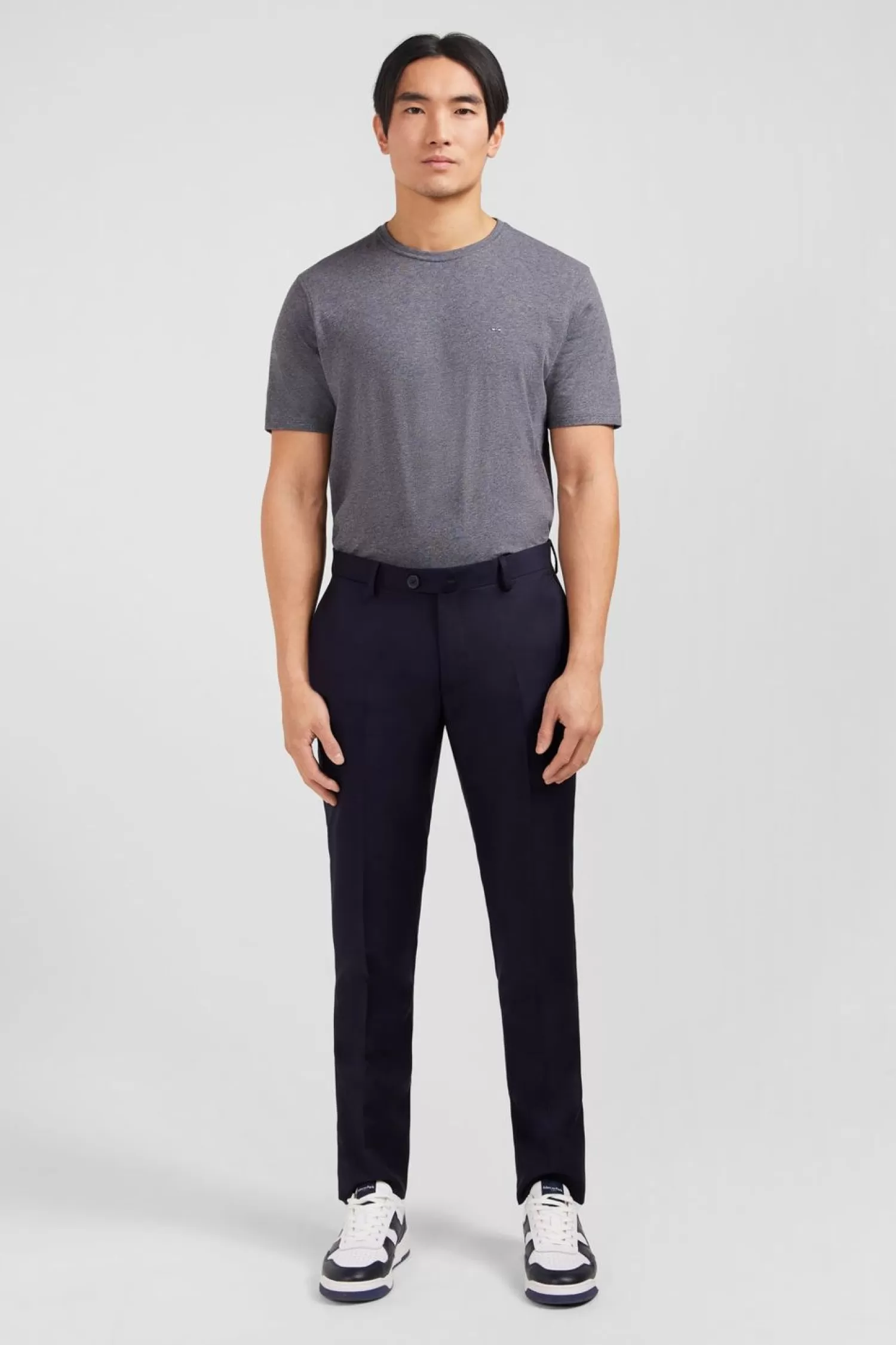 Eden Park Pantalon Slim Bleu Fonce En Laine A Plis Casses-Homme Pantalons