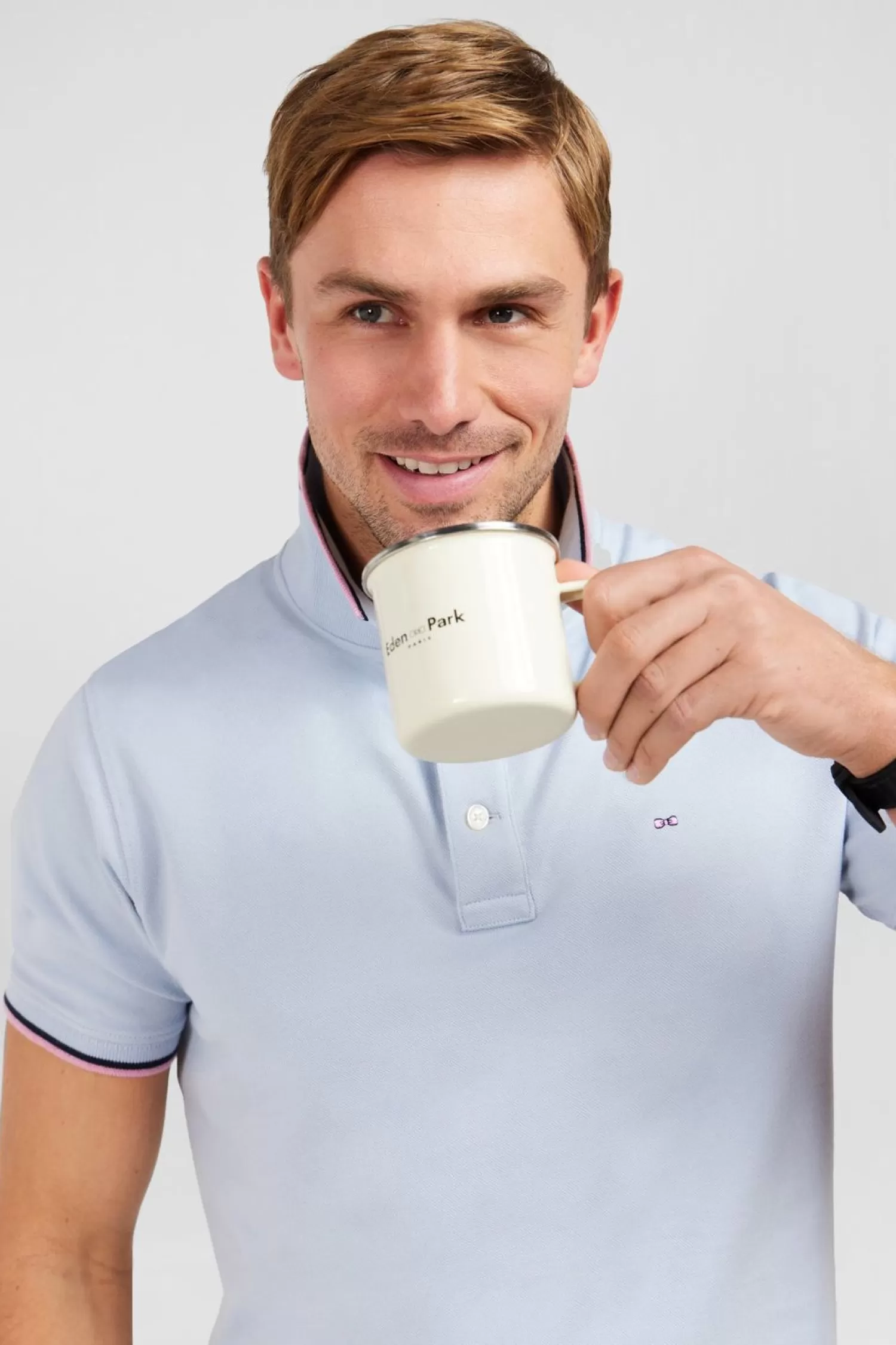 Eden Park Polo Bleu Clair En Coton Pima-Homme Polos