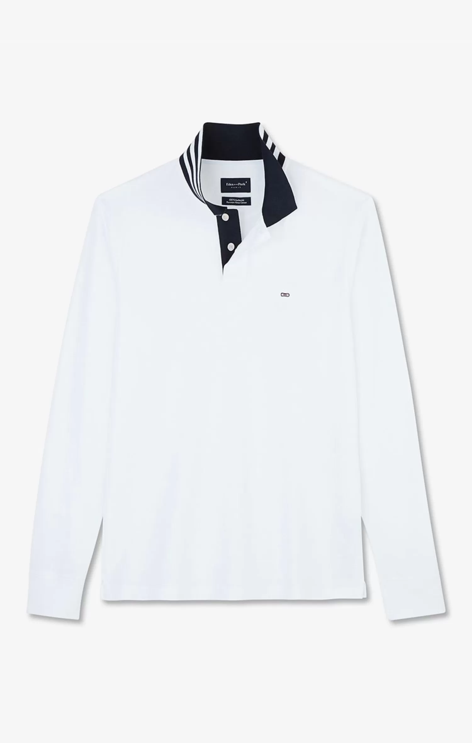 Eden Park Polo Manches Longues Blanc En Coton Avec Col Contraste-Homme Polos