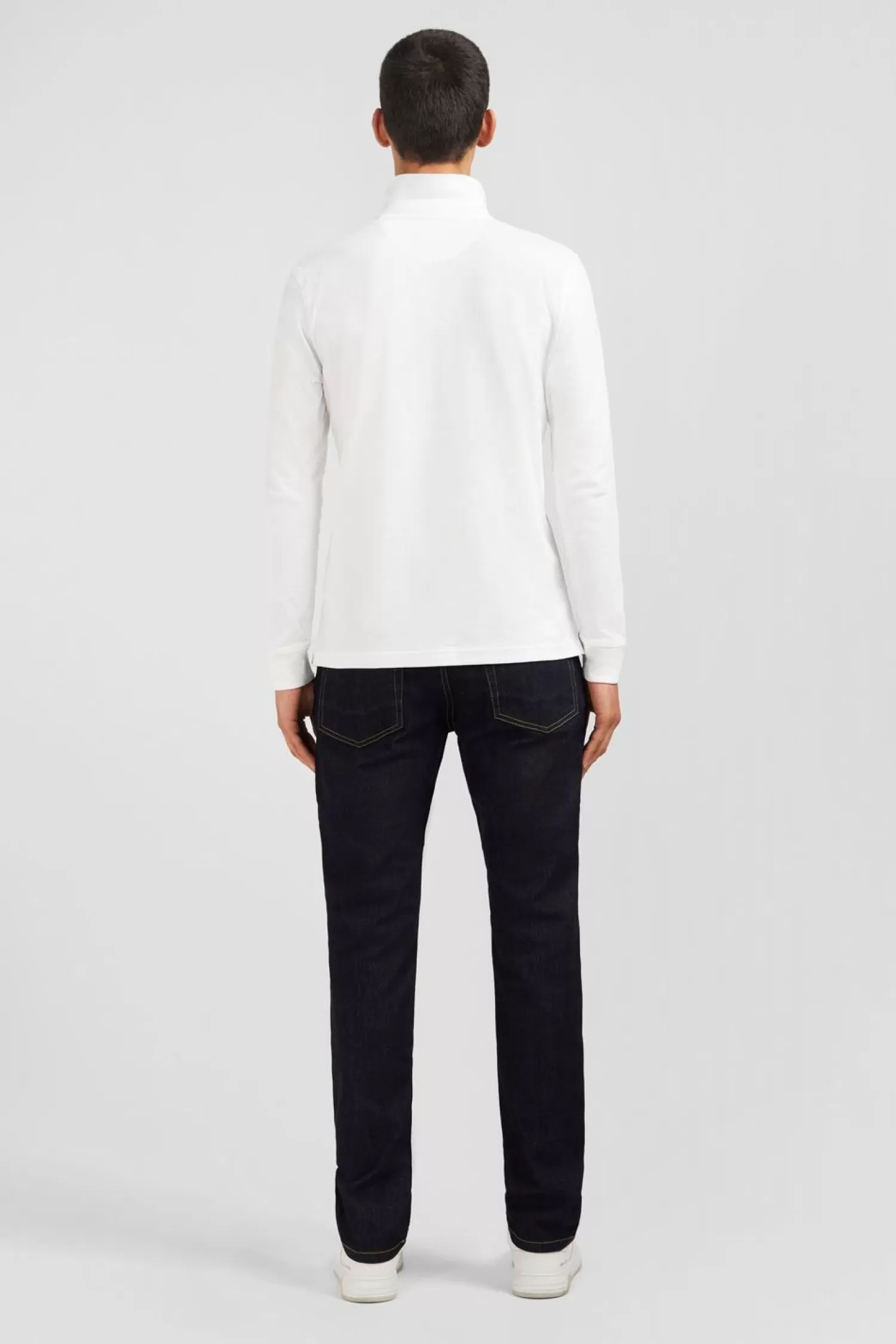 Eden Park Polo Manches Longues Blanc Uni En Pique De Coton Stretch-Homme Polos