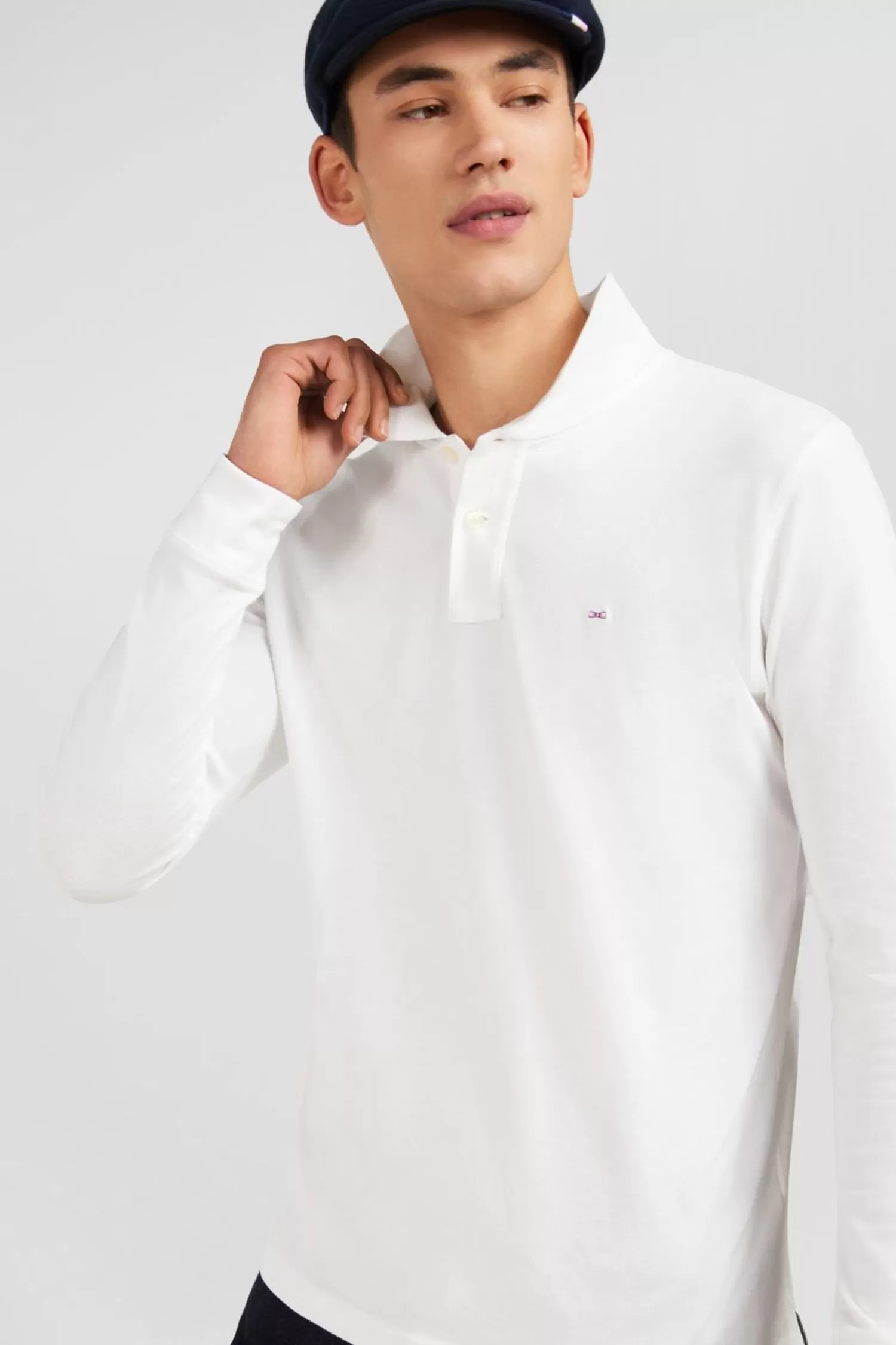 Eden Park Polo Manches Longues Blanc Uni En Pique De Coton Stretch-Homme Polos