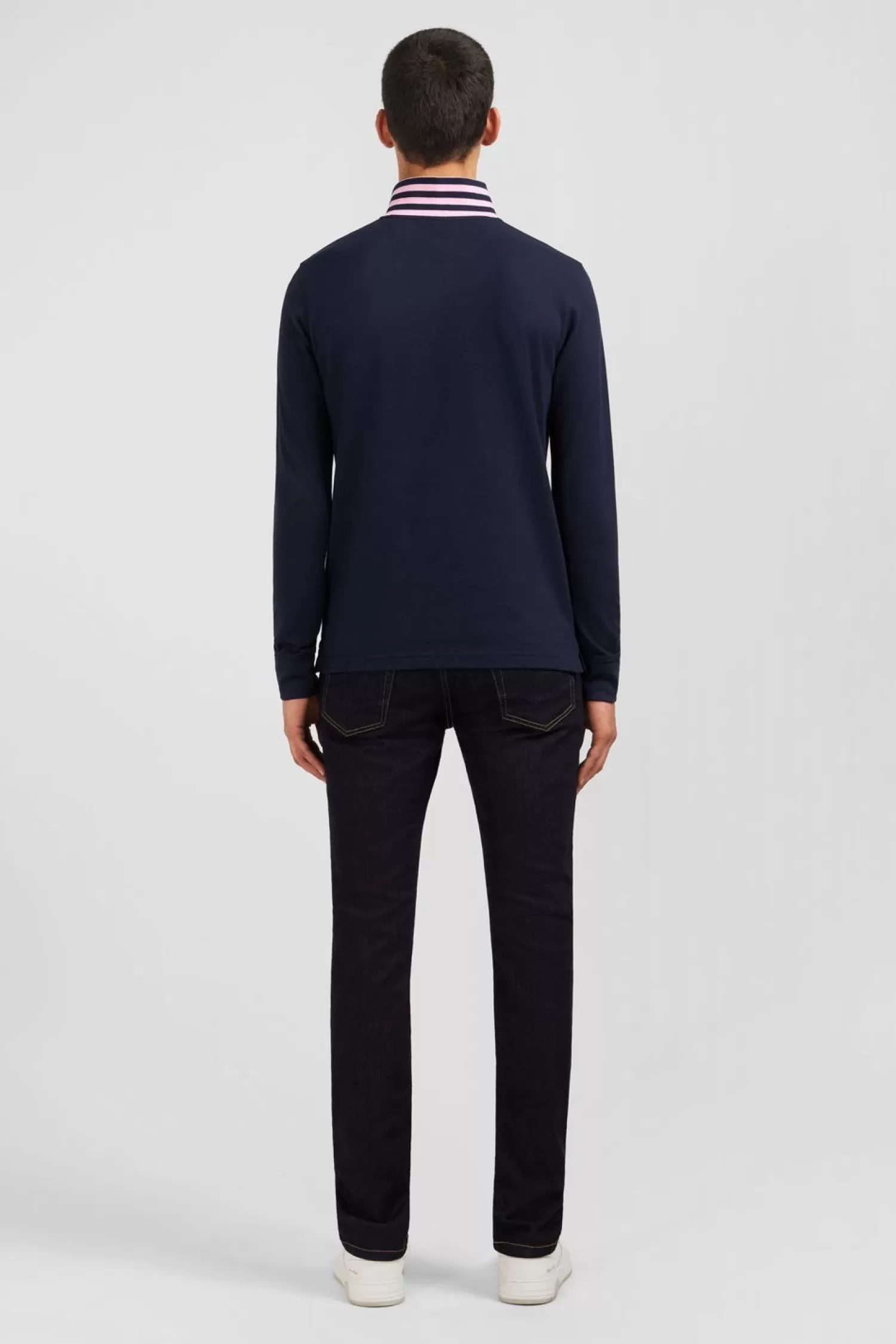 Eden Park Polo Manches Longues Bleu Marine En Coton Avec Col Contraste-Homme Polos