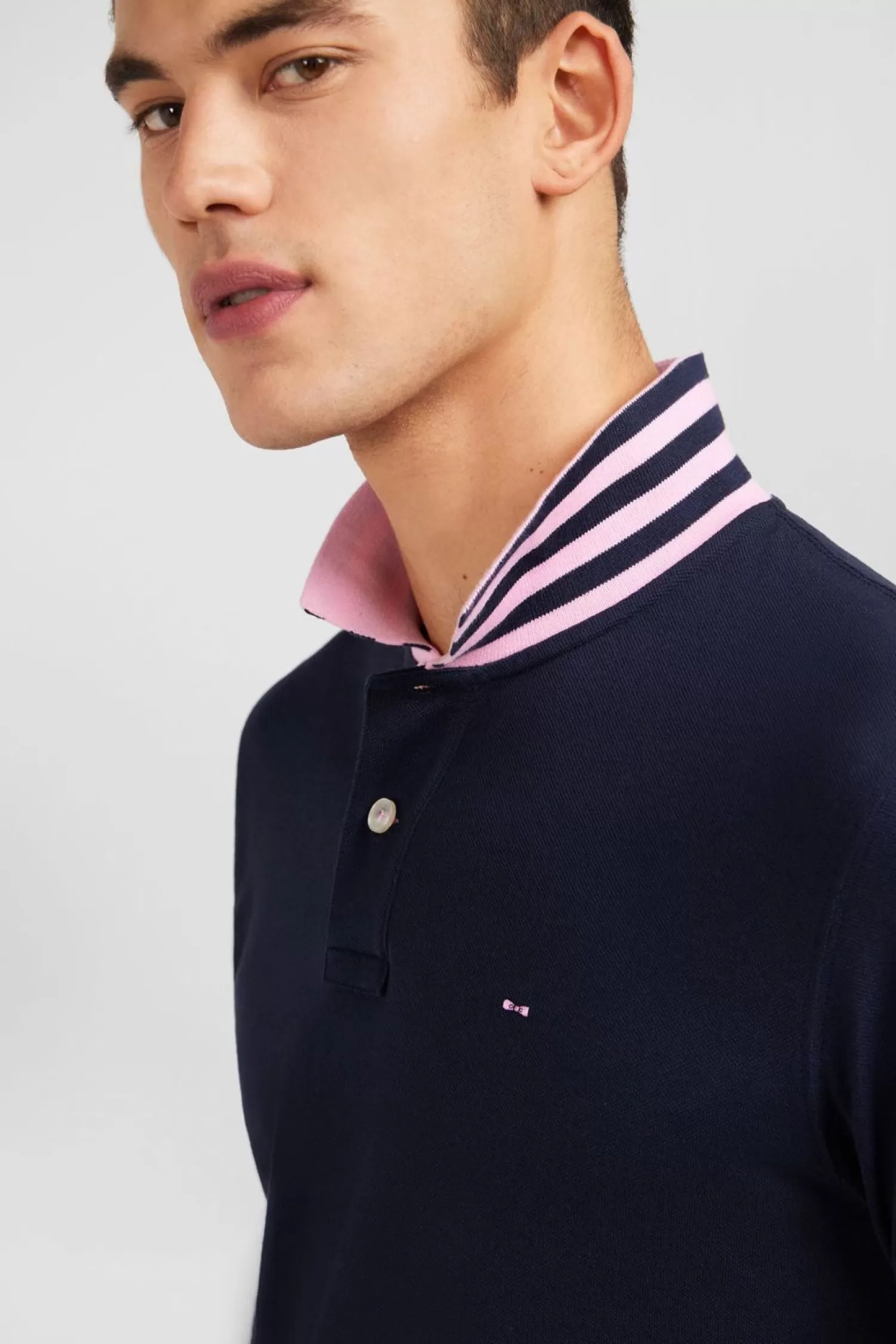 Eden Park Polo Manches Longues Bleu Marine En Coton Avec Col Contraste-Homme Polos