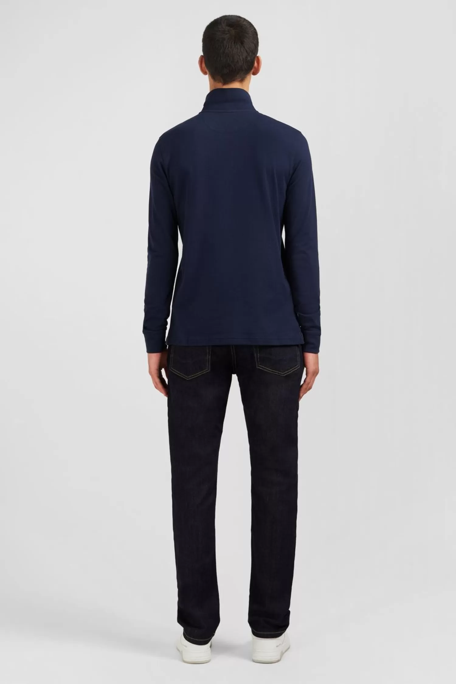 Eden Park Polo Manches Longues Bleu Marine Uni En Pique De Coton Stretch-Homme Polos