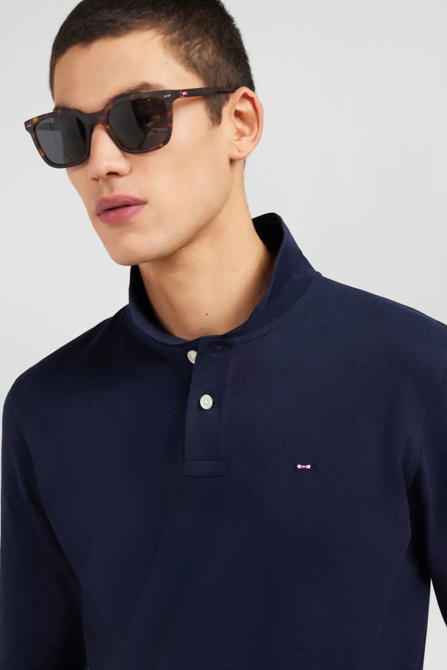 Eden Park Polo Manches Longues Bleu Marine Uni En Pique De Coton Stretch-Homme Polos