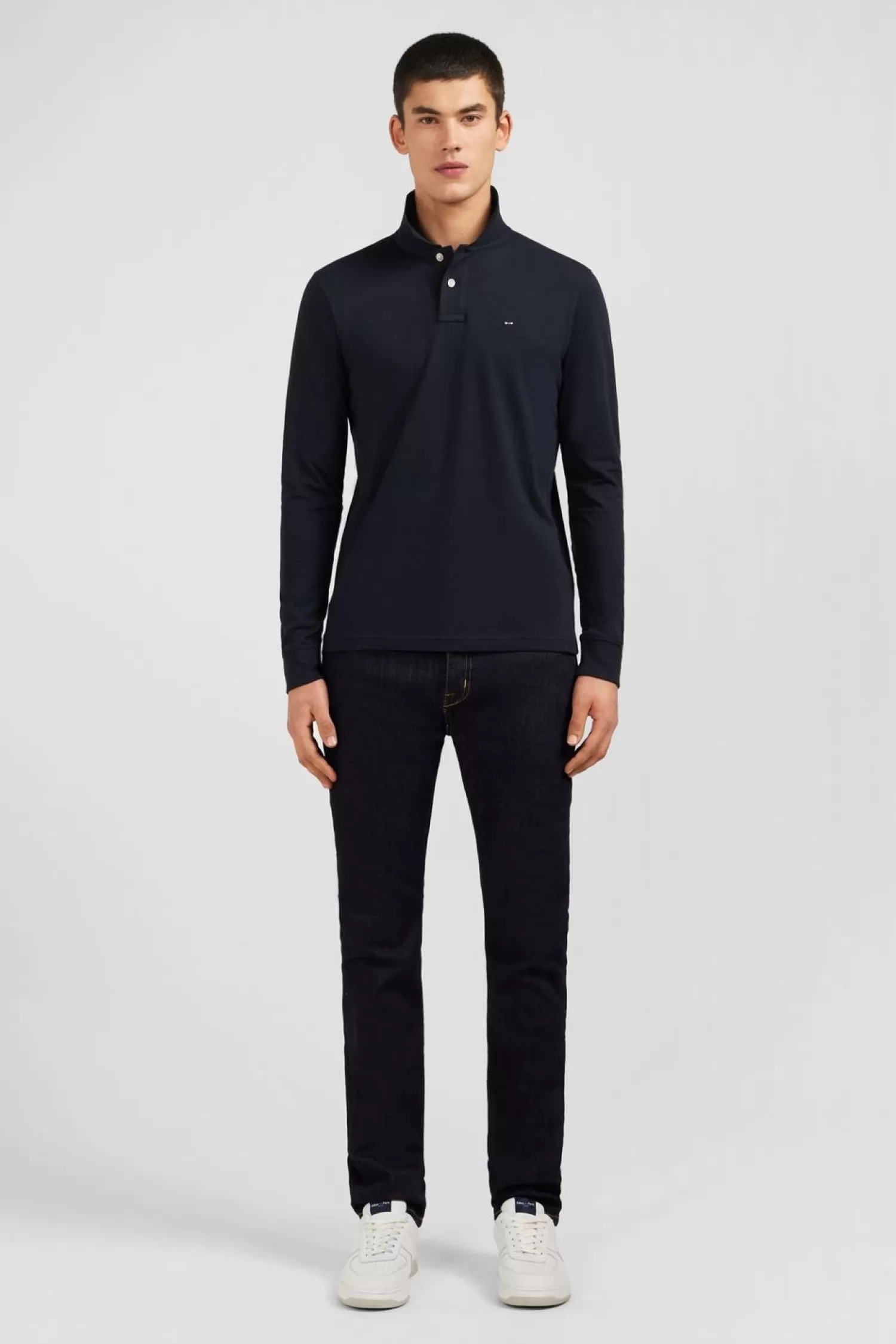 Eden Park Polo Manches Longues Noir Uni En Pique De Coton Stretch-Homme Polos
