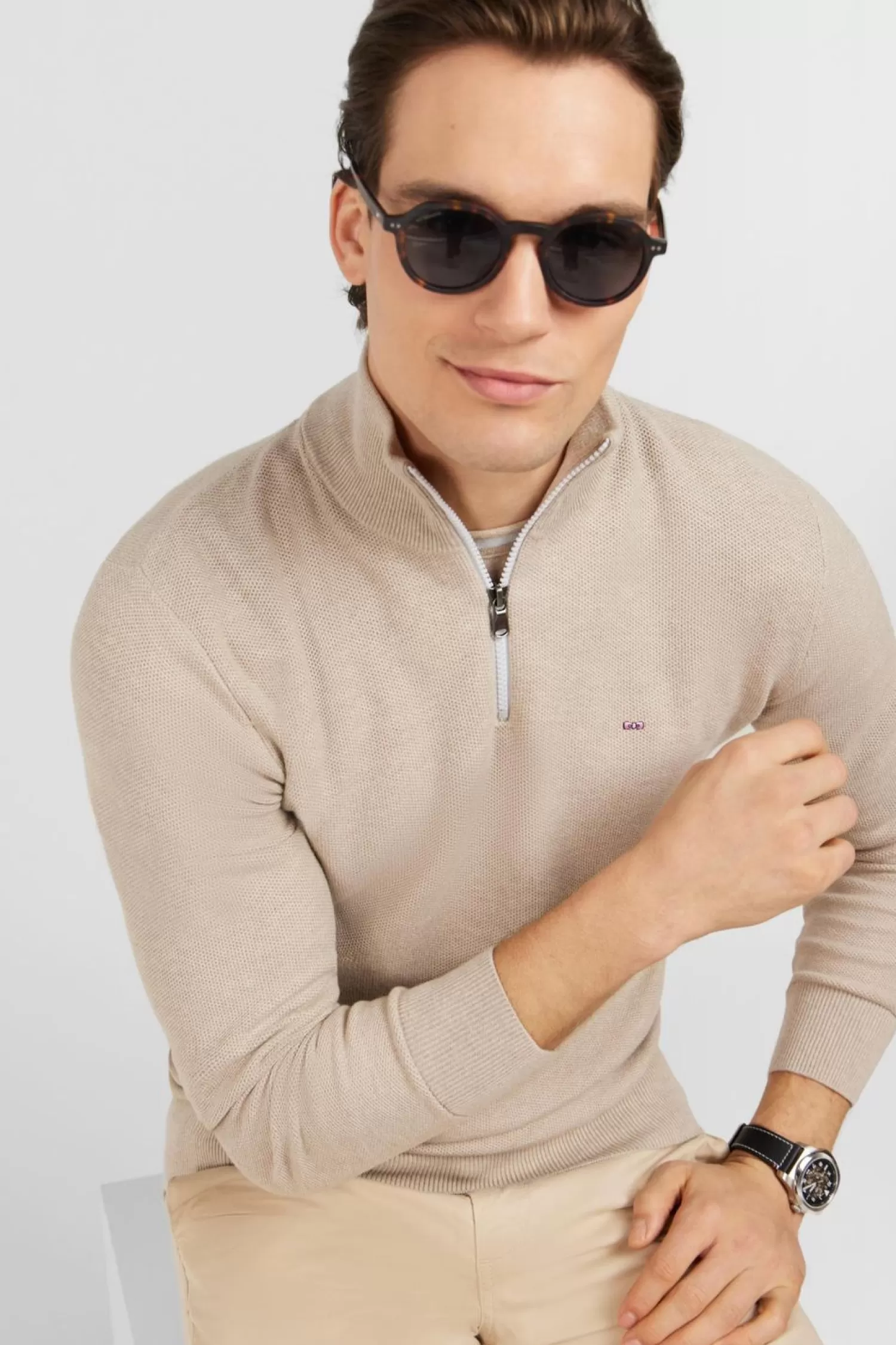 Eden Park Pull Col Camionneur Zippe En Coton Beige-Homme Pulls