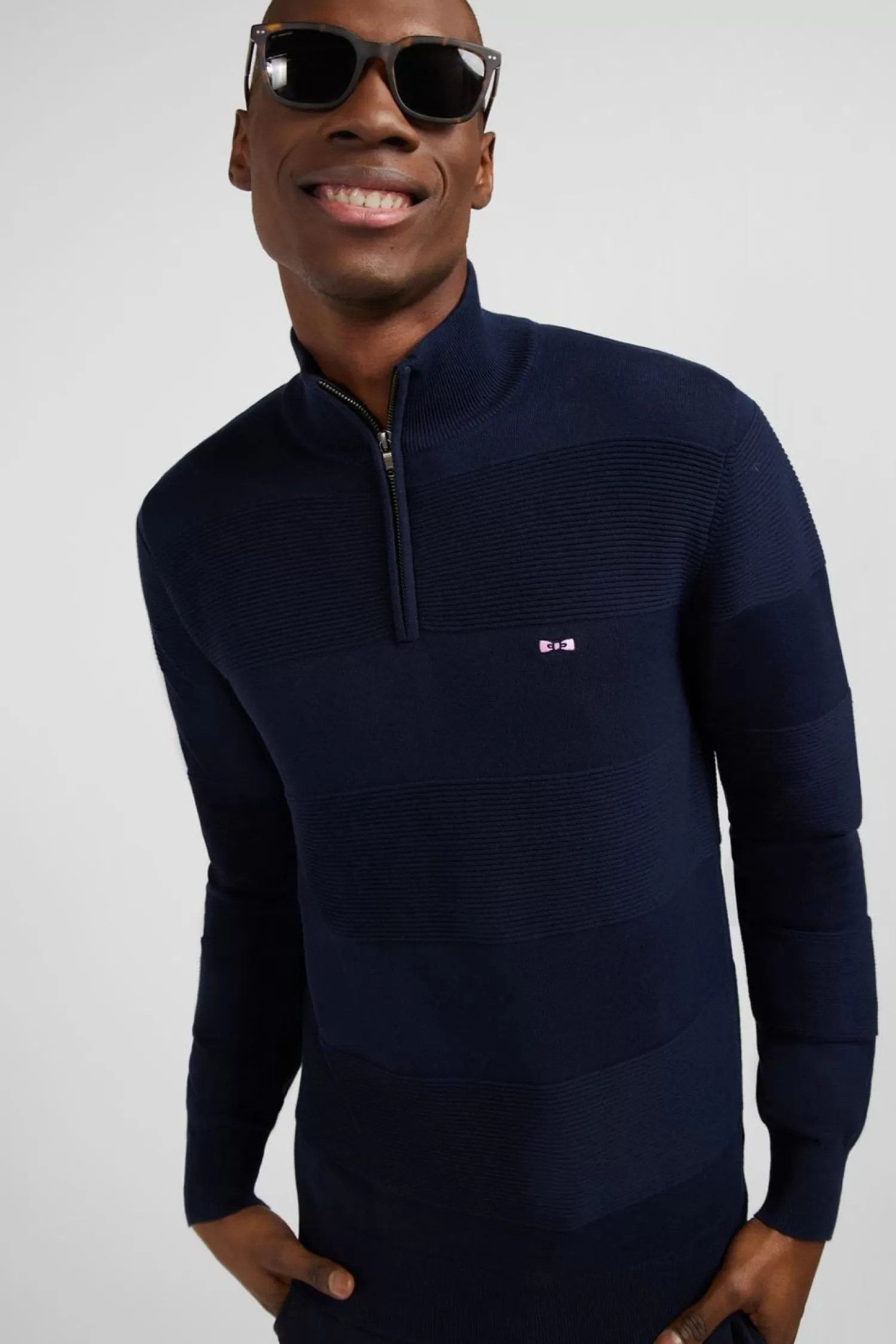 Eden Park Pull Col Camionneur Zippe Marine A Jeux De Maille En Coton-Homme Pulls