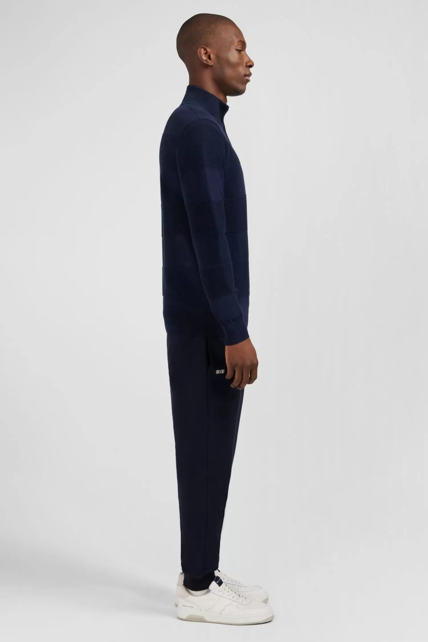 Eden Park Pull Col Camionneur Zippe Marine A Jeux De Maille En Coton-Homme Pulls