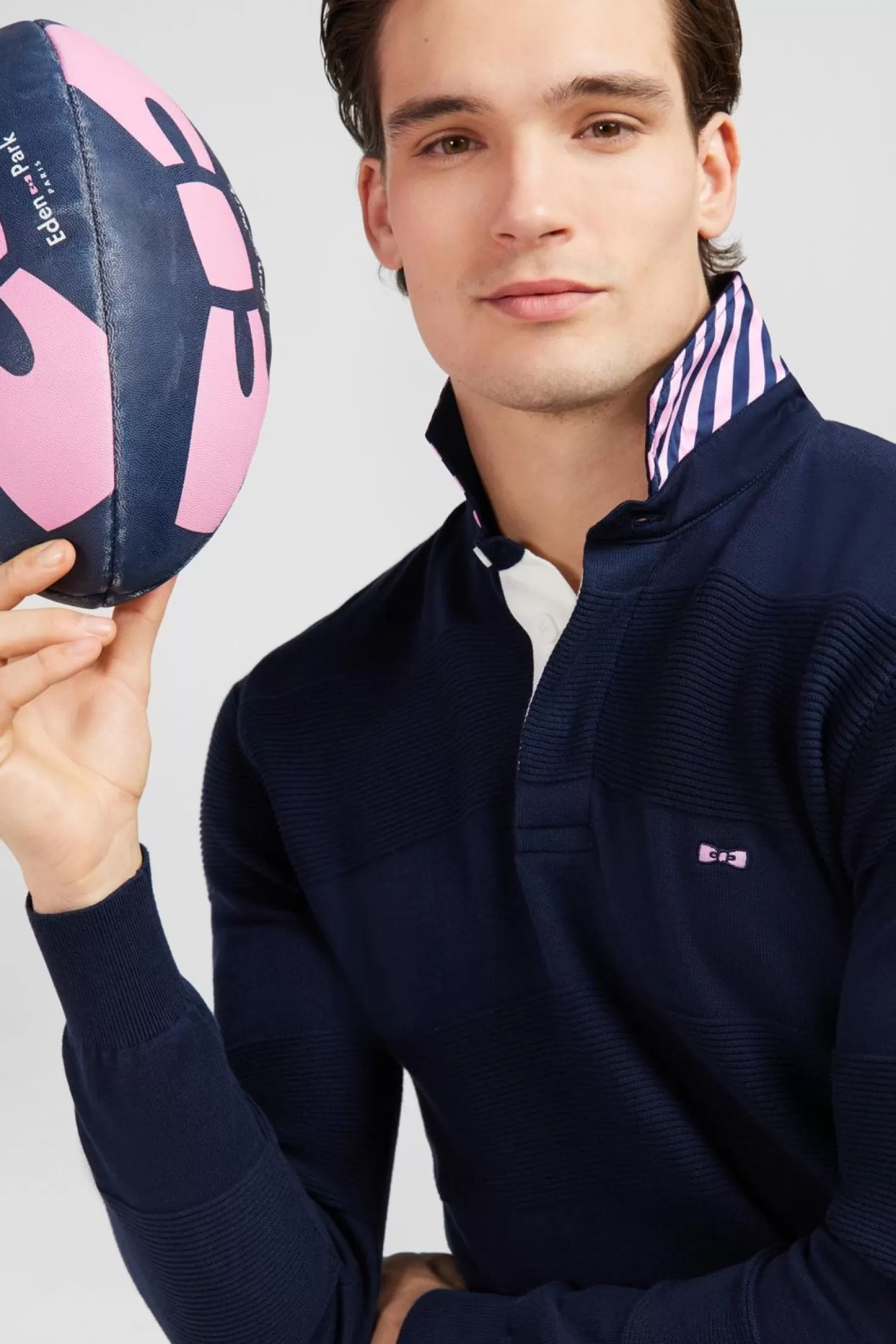 Eden Park Pull Col Maillot Marine A Jeux De Maille En Coton-Homme Maillots De Rugby