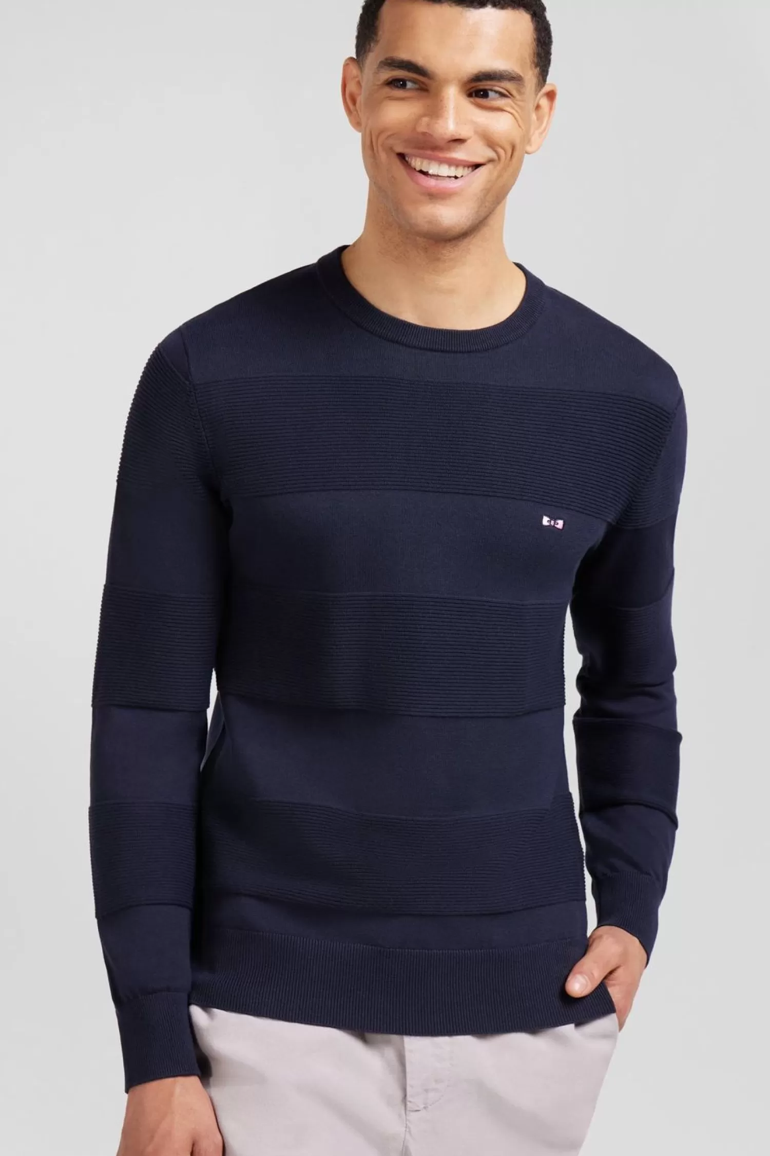 Eden Park Pull Col Rond Marine A Jeux De Maille En Coton-Homme Pulls