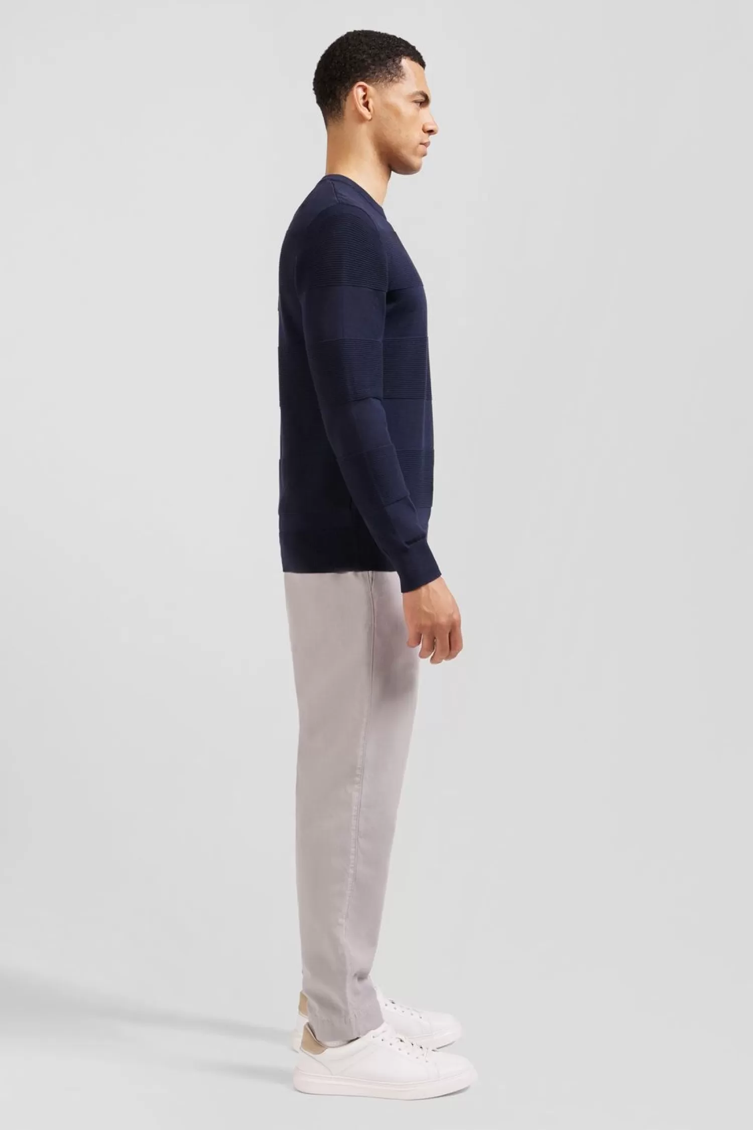 Eden Park Pull Col Rond Marine A Jeux De Maille En Coton-Homme Pulls