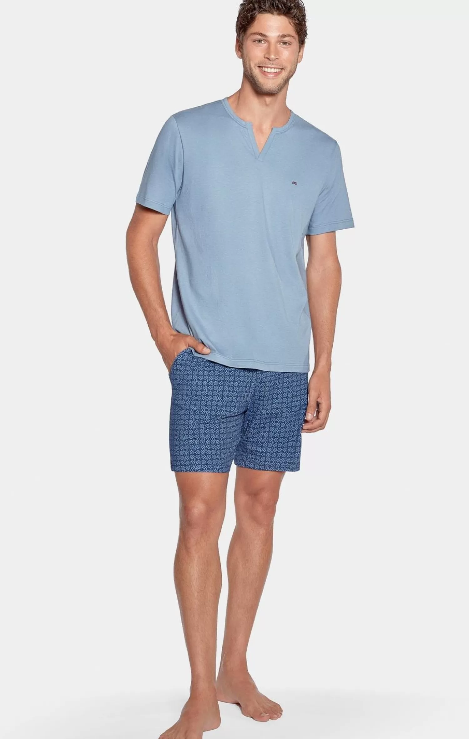 Eden Park Pyjama Court Ciel A Micro Motifs Initiales En Jersey Coton-Homme Pyjamas