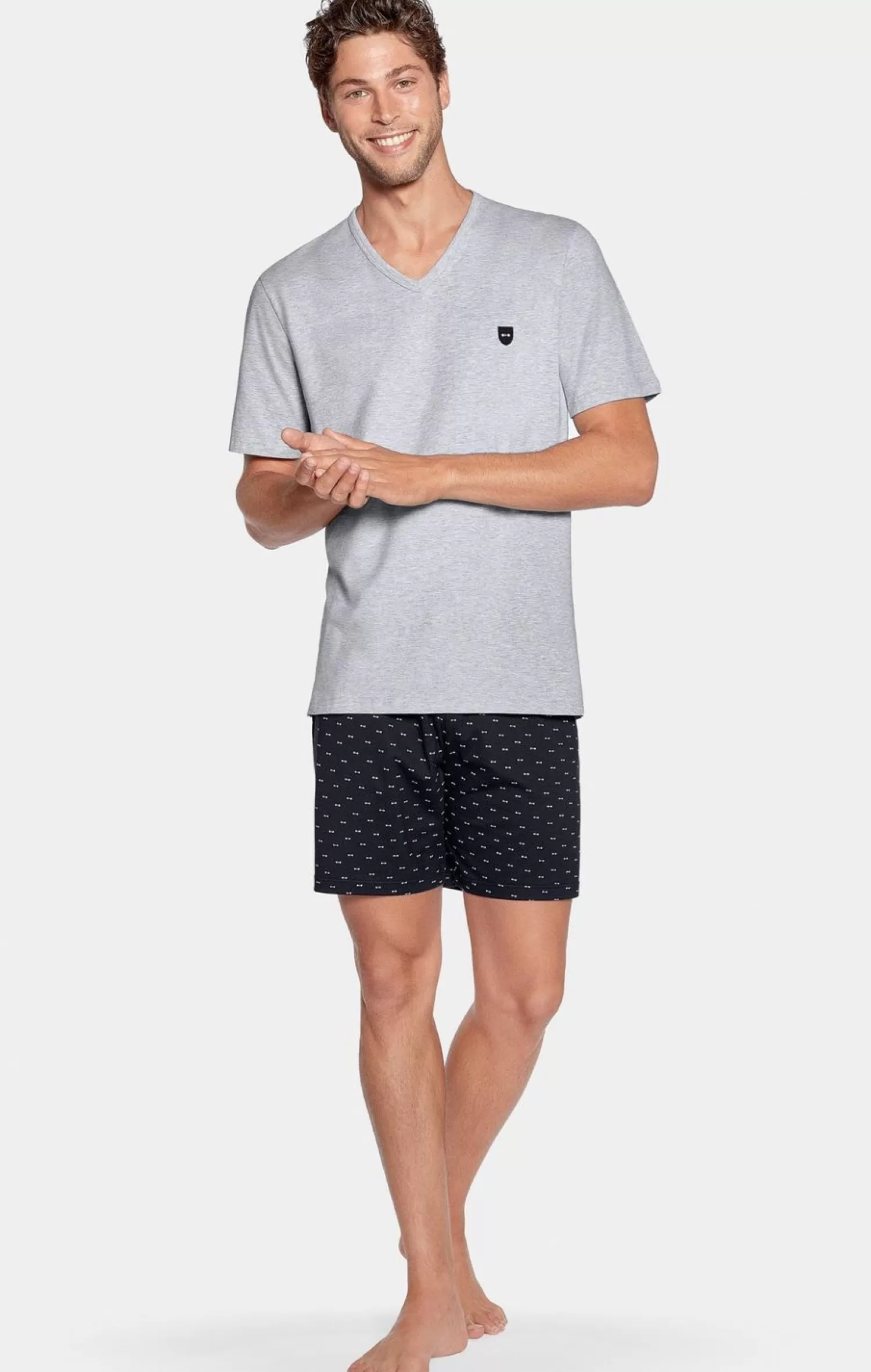 Eden Park Pyjama Court Gris A Short Micro Motifs En Jersey Coton-Homme Pyjamas