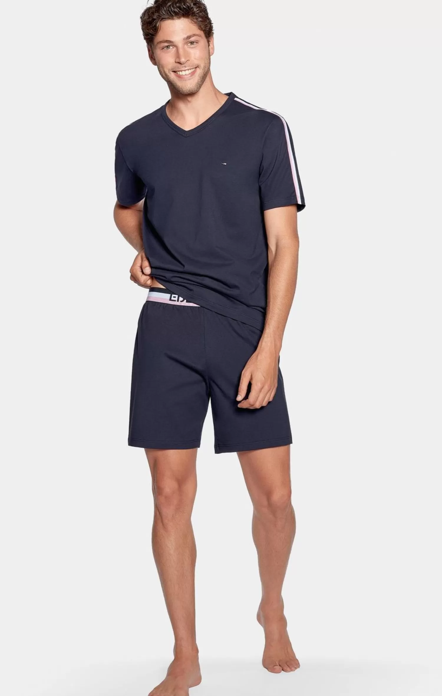 Eden Park Pyjama Court Marine A Details Tricolores En Jersey Coton-Homme Pyjamas