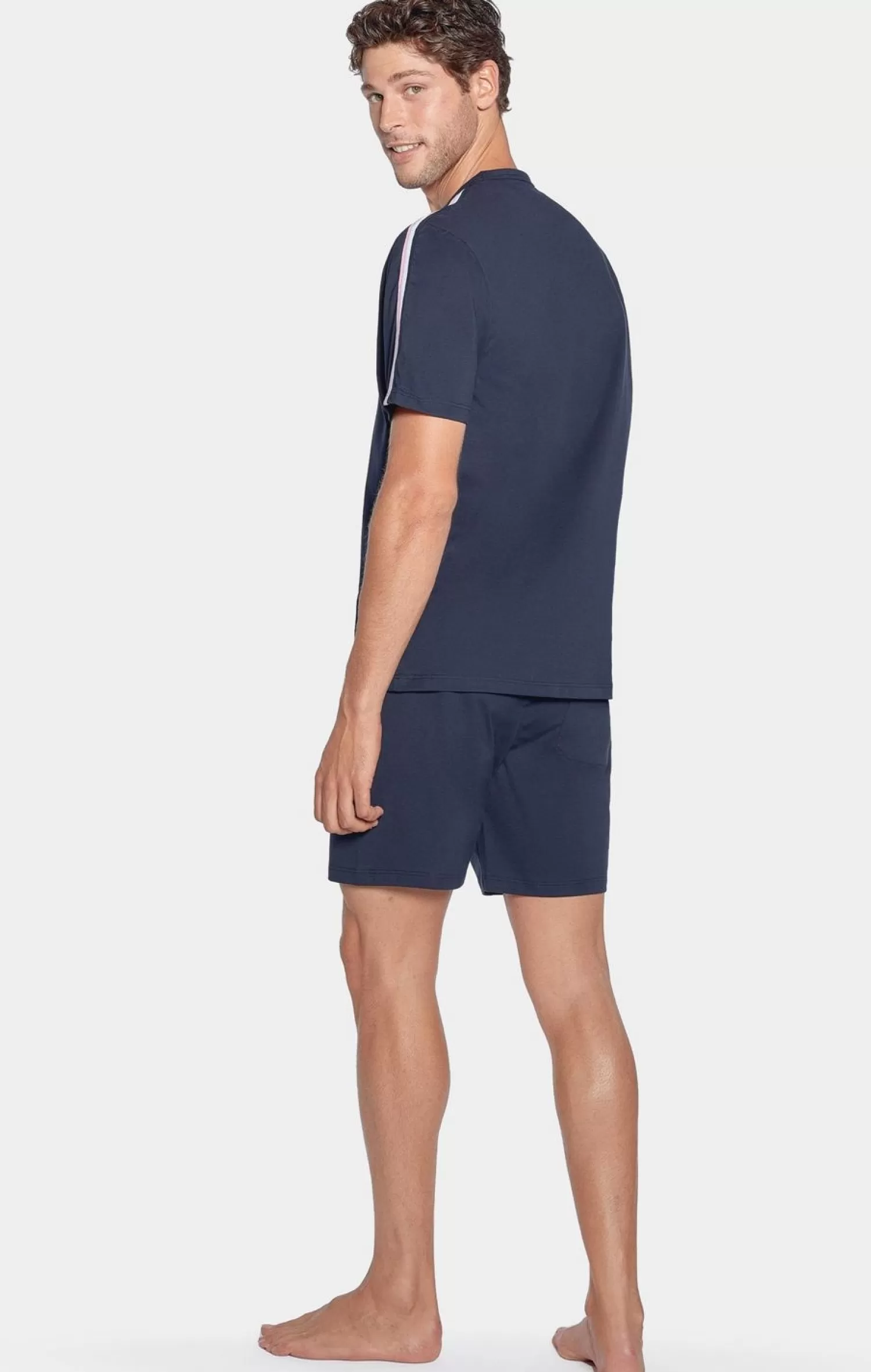 Eden Park Pyjama Court Marine A Details Tricolores En Jersey Coton-Homme Pyjamas