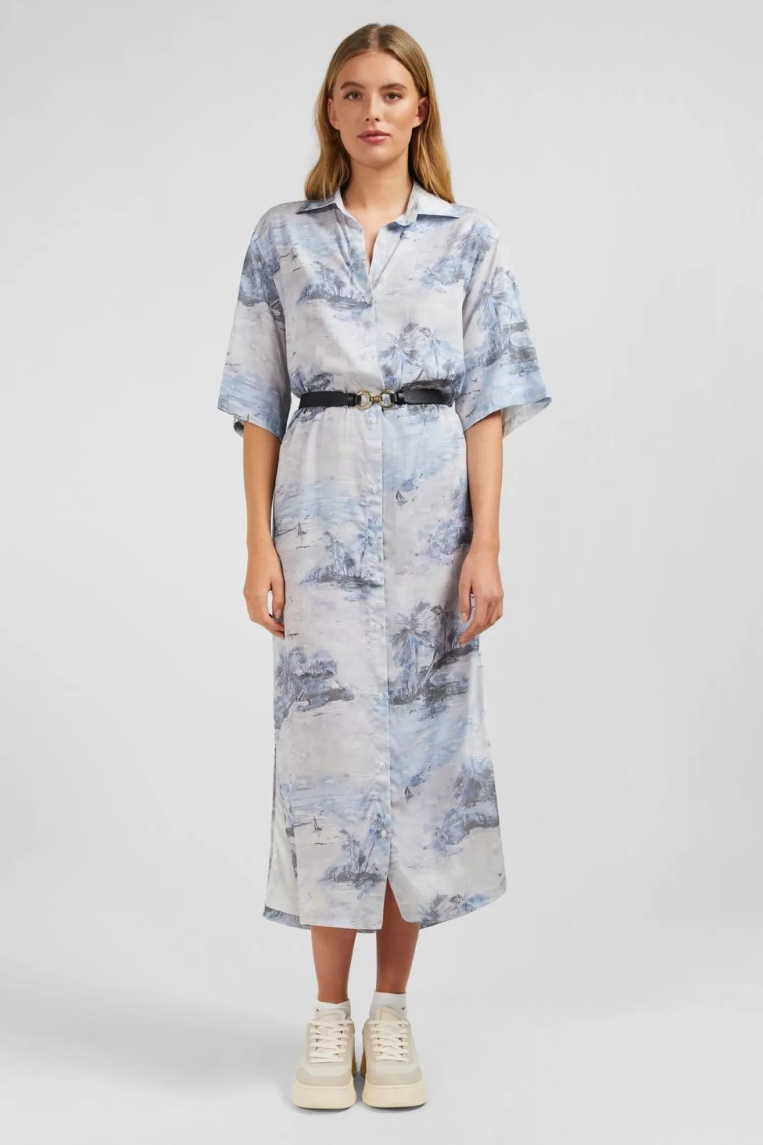 Eden Park Robe Chemise En Lyocell Bleu Imprime Palmiers-Femme Robes