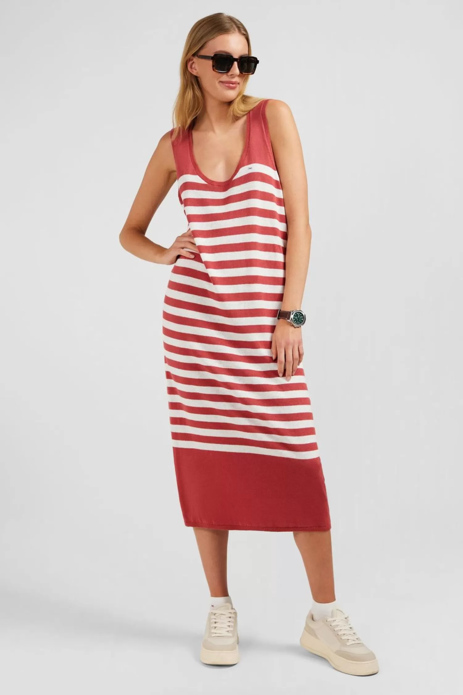 Eden Park Robe Debardeur Mariniere Rouge Et Blanche En Lin Et Coton-Femme Robes